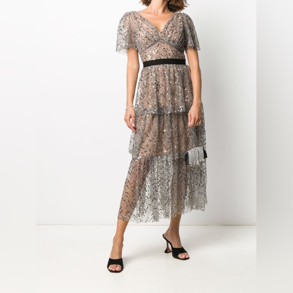 Self-portrait Sequin Embellished Silver leaf layered midi dress size xs